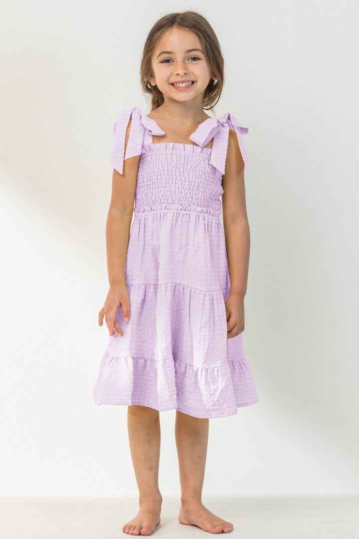 Solid Shoulder Tie Point Tiered Midi Dress - Lavender