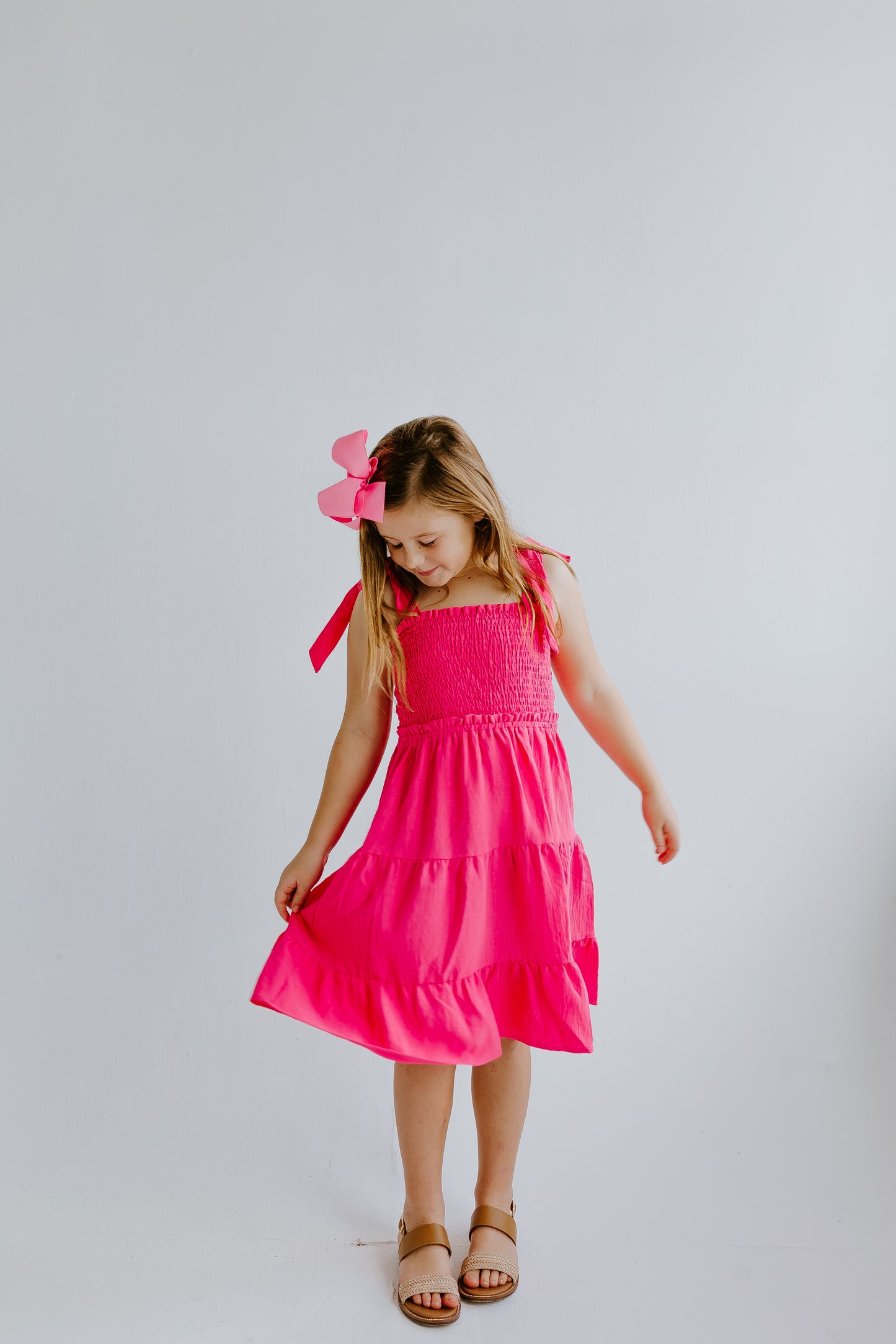 Solid Shoulder Tie Point Tiered Midi Dress - Hot Pink