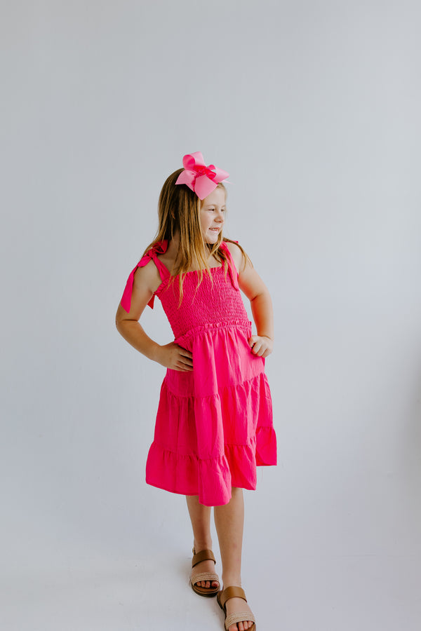 Solid Shoulder Tie Point Tiered Midi Dress - Hot Pink