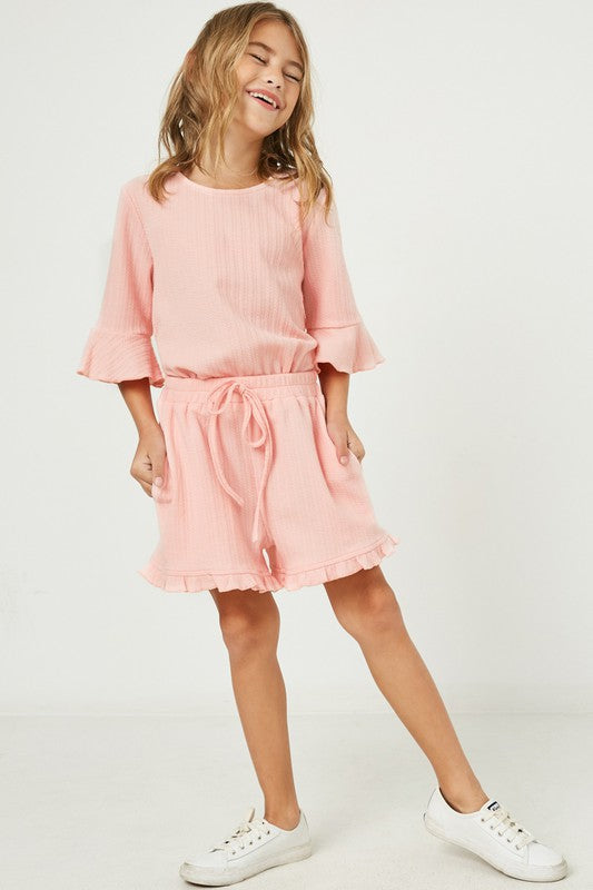 Pink Textured Rib Knit Flare Sleeve Top