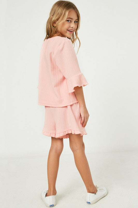 Pink Textured Rib Knit Flare Sleeve Top