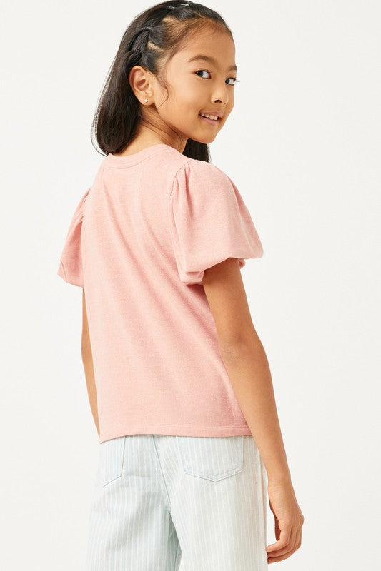 Pink Puff Sleeve Knit Tee Shirt